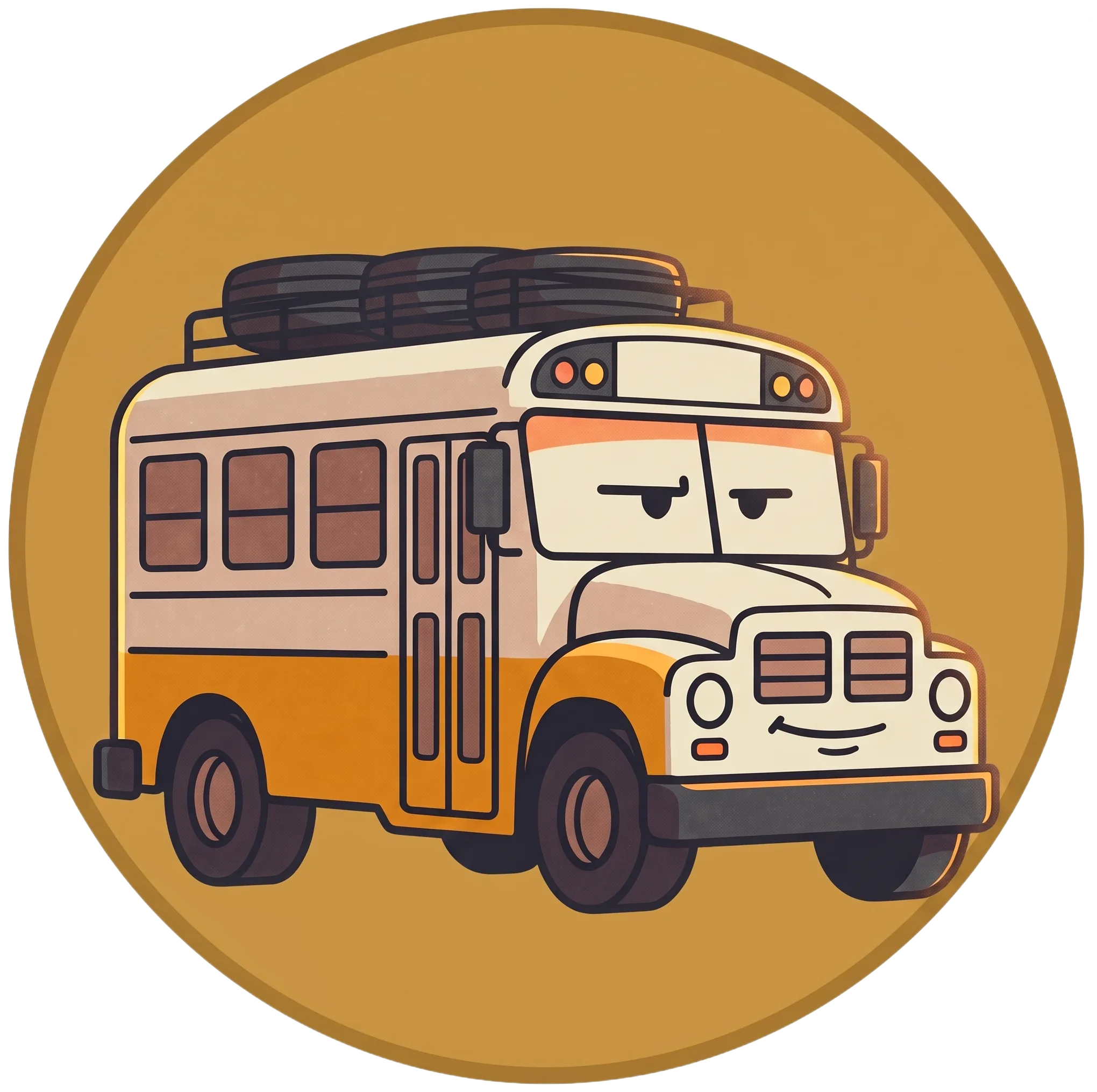 The Tire Bus — a friendly cartoon short bus on a gold disc